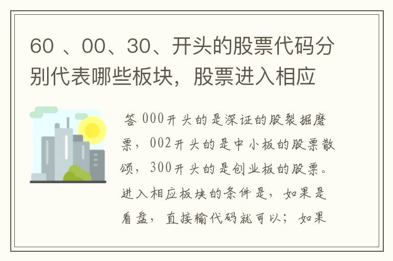 60 、00、30、开头的股票代码分别代表哪些板块，股票进入相应的板块需要达到什么样的标准?