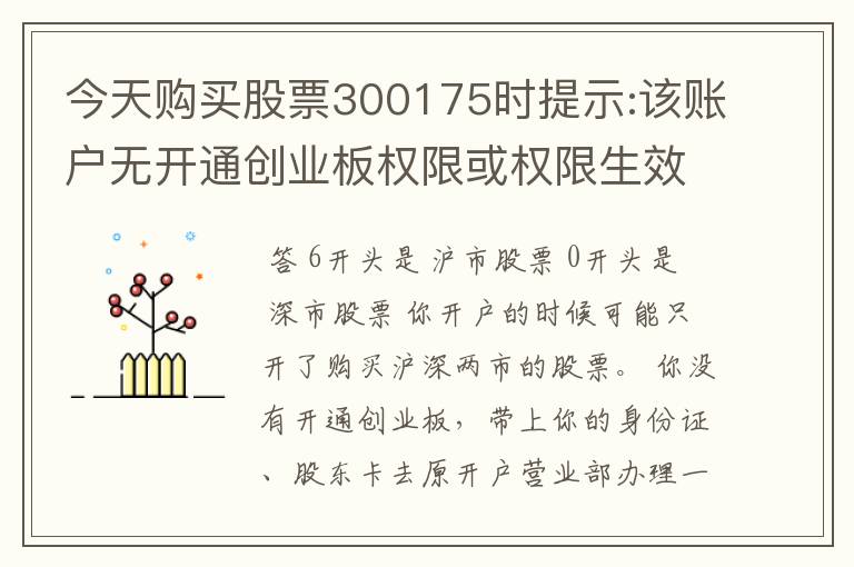 今天购买股票300175时提示:该账户无开通创业板权限或权限生效日期已过。这是什么意思呢。我还怎么办呢？