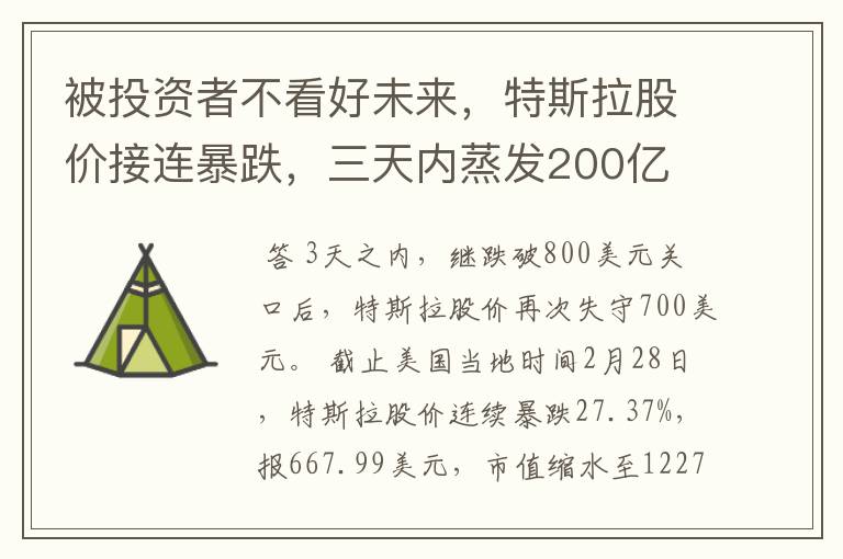 被投资者不看好未来，特斯拉股价接连暴跌，三天内蒸发200亿