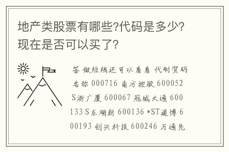 地产类股票有哪些?代码是多少？现在是否可以买了？