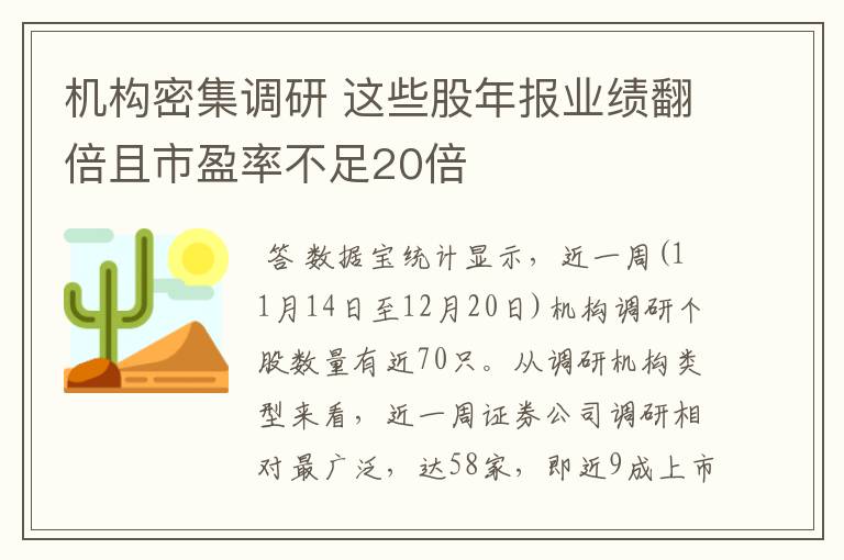 机构密集调研 这些股年报业绩翻倍且市盈率不足20倍