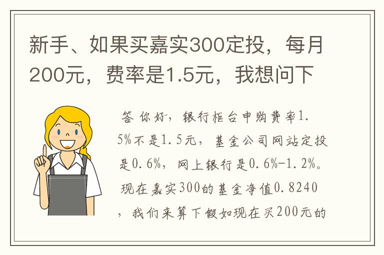 新手、如果买嘉实300定投，每月200元，费率是1.5元，我想问下费率和份额是怎么算？