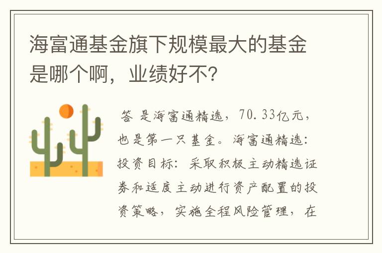 海富通基金旗下规模最大的基金是哪个啊，业绩好不？