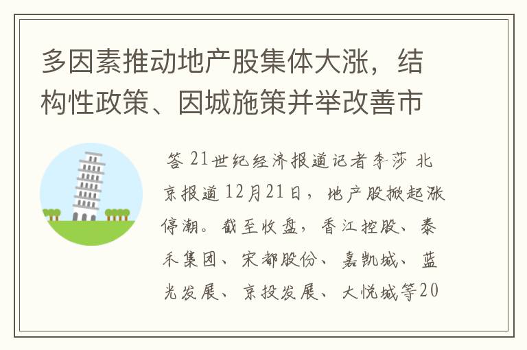 多因素推动地产股集体大涨，结构性政策、因城施策并举改善市场预期