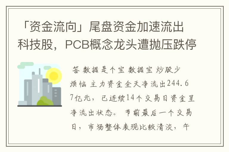 「资金流向」尾盘资金加速流出科技股，PCB概念龙头遭抛压跌停