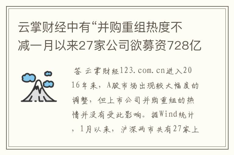 云掌财经中有“并购重组热度不减一月以来27家公司欲募资728亿”详细解读吗？