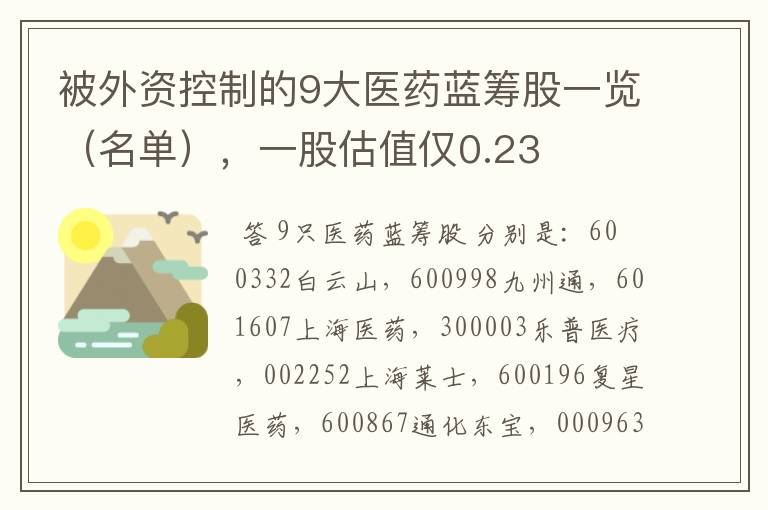 被外资控制的9大医药蓝筹股一览（名单），一股估值仅0.23