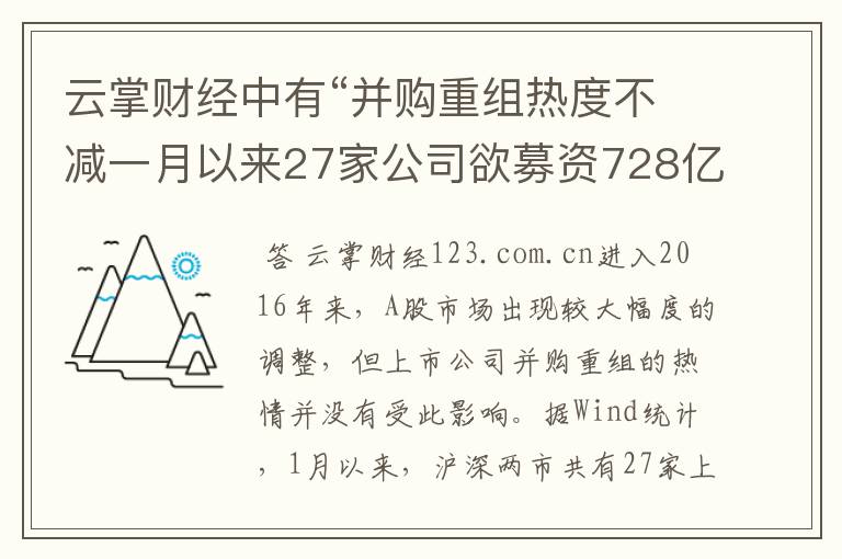 云掌财经中有“并购重组热度不减一月以来27家公司欲募资728亿”详细解读吗？