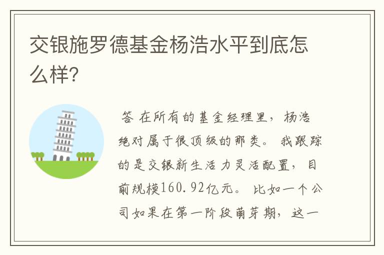 交银施罗德基金杨浩水平到底怎么样？