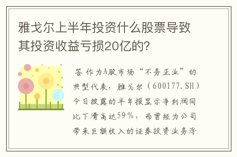 雅戈尔上半年投资什么股票导致其投资收益亏损20亿的？