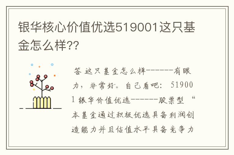 银华核心价值优选519001这只基金怎么样??